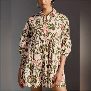 🆕 Anthropologie Bettina Tiered Mini Shirtdress Maeve Pink Cream Green Floral XS